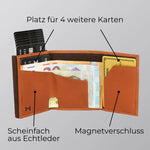 Charger l'image dans la galerie, 43693613285642;Scheinfach aus Echtleder;Unser Cardholder verfügt über ein elegantes Echtleder-Scheinfach und bietet Platz für bis zu vier zusätzliche Karten neben den sieben im Aluminium-Case.
